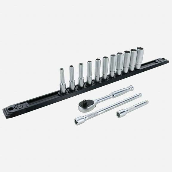 Wiha 33393 Metric Deep Socket Set, 6 Point 1/4" Drive with Ratchet & Extensions, 14 Pieces