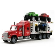 Vokodo Toy Semi Truck And Hauler 14.5" Push And Go With Four Lifted Pickup Cars Kids Friction Powered Big Rig Auto Carrier Transporter Trailer Semi-Truck Play Vehicle Great Gift For Children Boys Girl