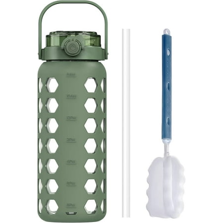 

56Oz Glass Water Bottles With Straw And Lid Motivational Water Jug With Time Marker Reminder And Silicone Sleeve 100% Leakproof Bpa Free Fitness Sports Large Bottle-Olive