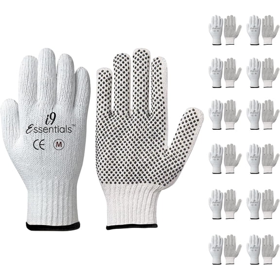 i9 Essentialsâ„¢ Multi-Purpose Work Gloves Medium- Poly/Cotton Safety Gloves for Men with PVC Dots - Seamless Lightweight Safety Gloves for Woodworking, Gardening, Construction Work Gloves, 12 Pairs