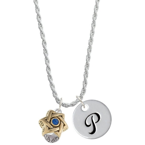 Delight Jewelry Goldtone Star of David with Blue Crystal Spinner Silvertone Script Initial Disc - P - Charm Necklace, 20"+3"