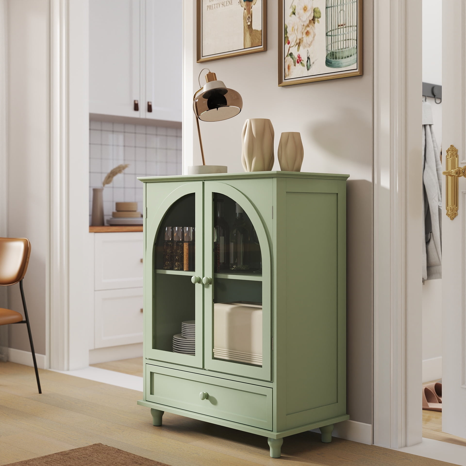 The Sanctuary Farmhouse Sideboard with Double Arched Glass Doors 1-Drawer Adjustable Shelves Storage Cabinet For Living Room Entryway Kitchen
