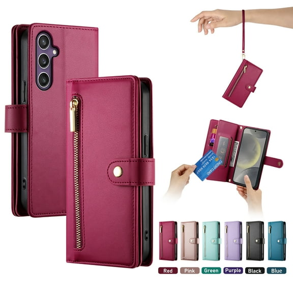 ELEHOLD for Samsung Galaxy S24 Flip Case, Wallet Zipper Magnetic Buckle Kickstand Wrist Strap Multifunctional Card Slots Wallet Business Case with Crossbody and Wrist Strap,Red
