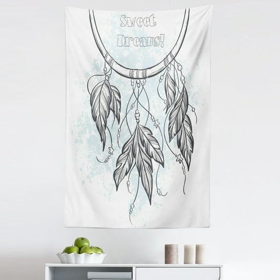 Saying Tapestry, Doodle Hand Drawn Dream Catcher Culture Inspired Design, Fabric Wall Hanging Decor for Bedroom Living Room Dorm, 5 Sizes, Grey and Pale Blue, by Ambesonne