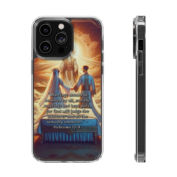 DistinctInk Hybrid (Acrylic / TPU) Clear Slim Fit Case for Apple iPhone 14 Pro (6.1" Screen) - "Honoring Marriage: Hebrews 13:4 Emphasizes Purity and Accountability"