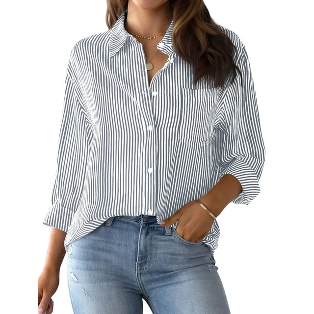 RWJDXD Chemise Blouse pour Femmes, Imprimé Classique Rayé, Manches Longues, Décontractée, Sans Poches, Basique, Automne & Hiver