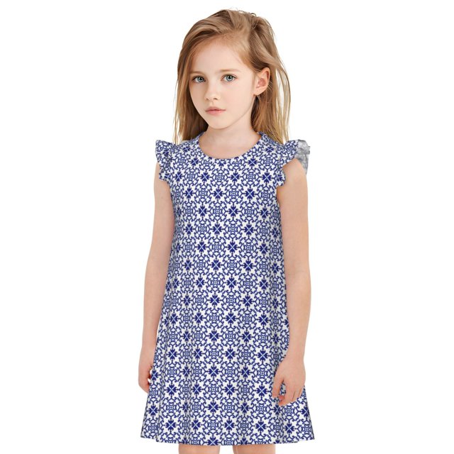 Balery Blue And White Porcelain Chinaware Camisón de princesa para niñas, pijama de algodón con mangas abullonadas, suave y bonito.-Medium