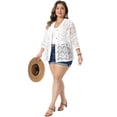 thumbnail image 3 of DARING DIVA Women's Plus V Neck 3/4 Sleeve Crochet Button Front Cover Up 2X White, 3 of 6