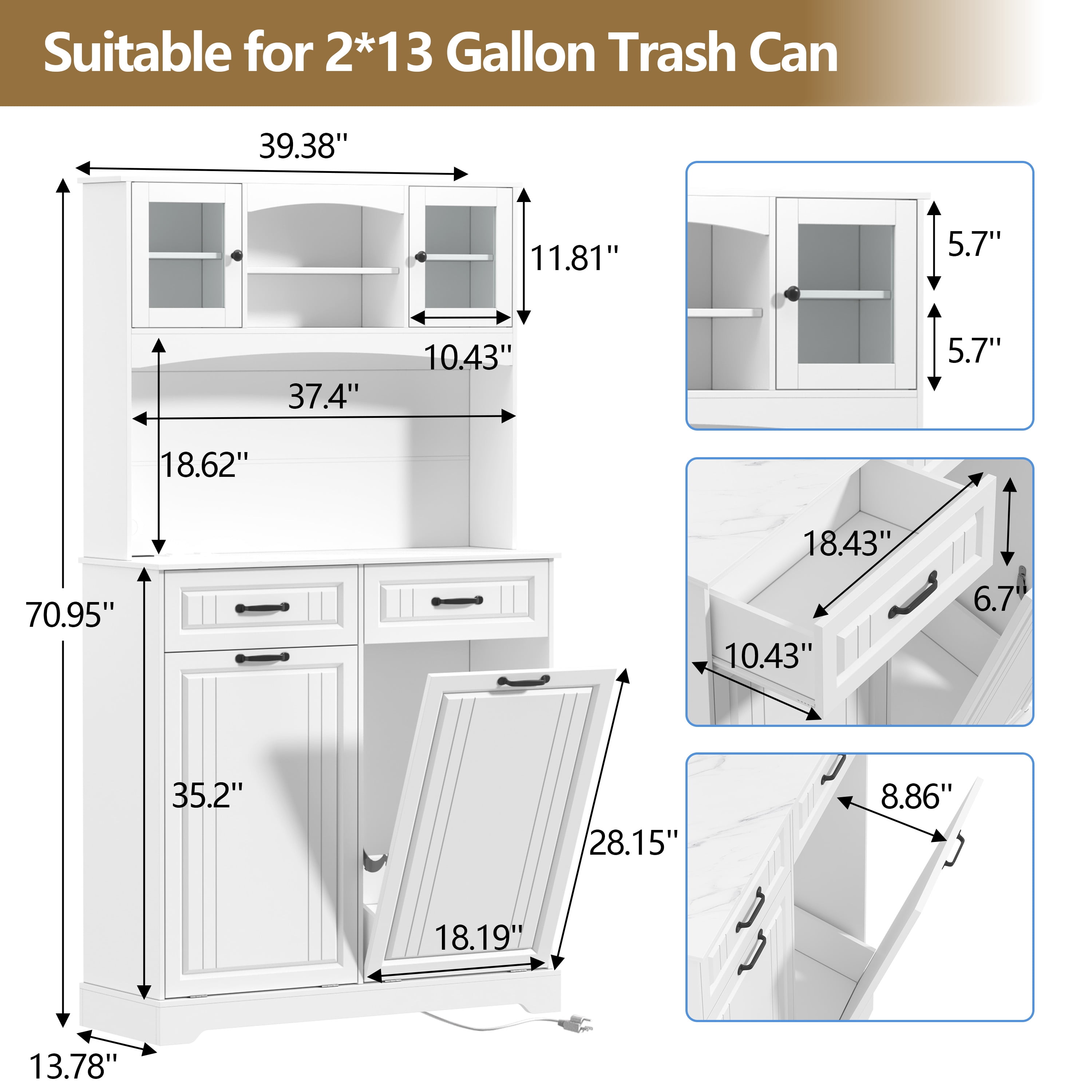 Double 13 Gallon Tilt Out Trash Can Cabinet with Deodorizing Function and Power Outlet, 71" Tall Wooden Garbage Can Holder Cabinet with 2 Storage Hutch & 2 Drawers for Kitchen and Dining Room, White