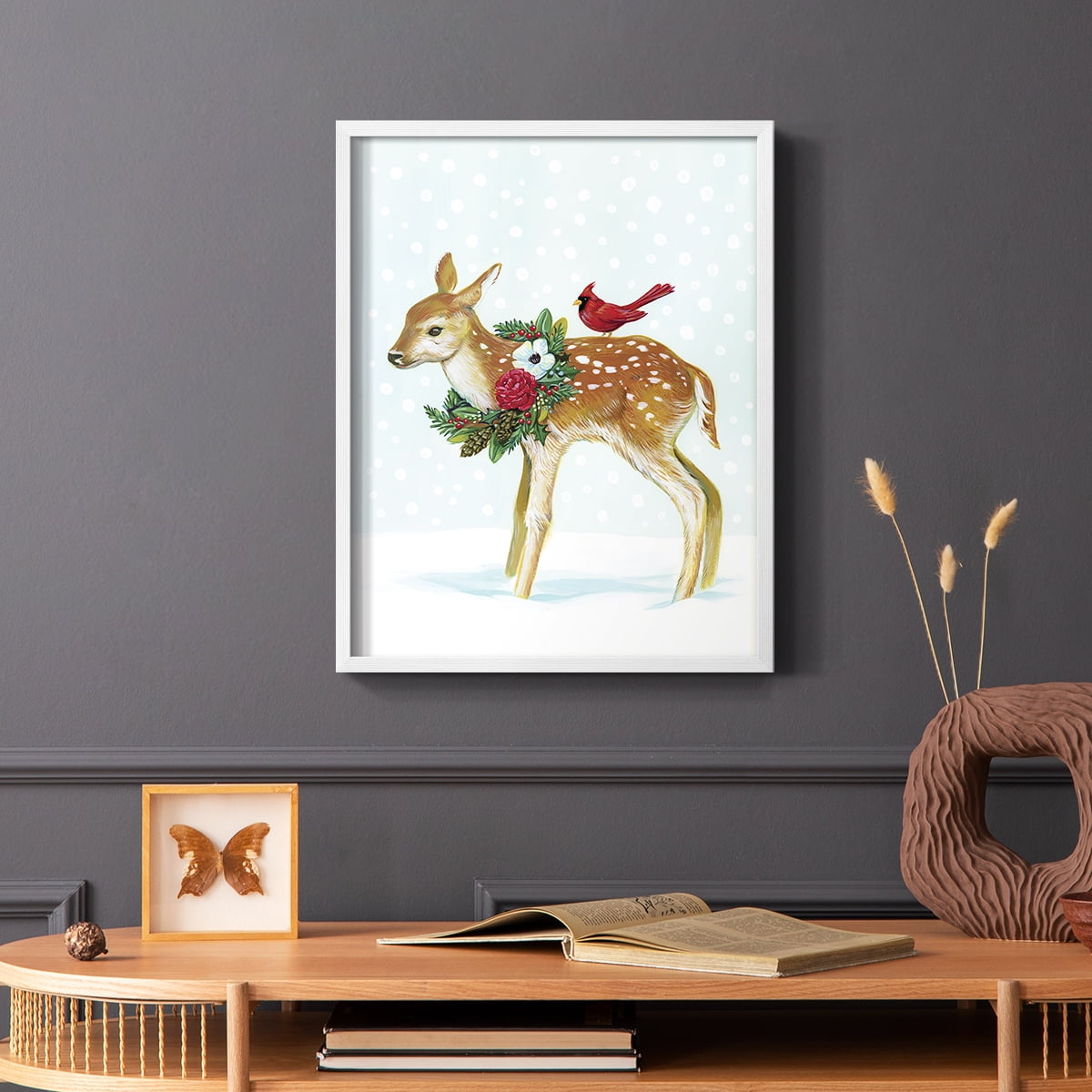Winter Woodland Creatures with Cardinals II Framed Print - Solid Wood in Single Picture Frame Solid Wood 2 Framed Print