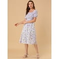 thumbnail image 3 of Vestido floral midi fruncido informal con mangas abullonadas y cuello cuadrado para mujer Púrpura XS, 3 of 6