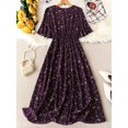 thumbnail image 2 of Purple Floral Print Wrap Dress With Shirred Waist, V-Neck, And Ruffled Short Sleeves, 2 of 7