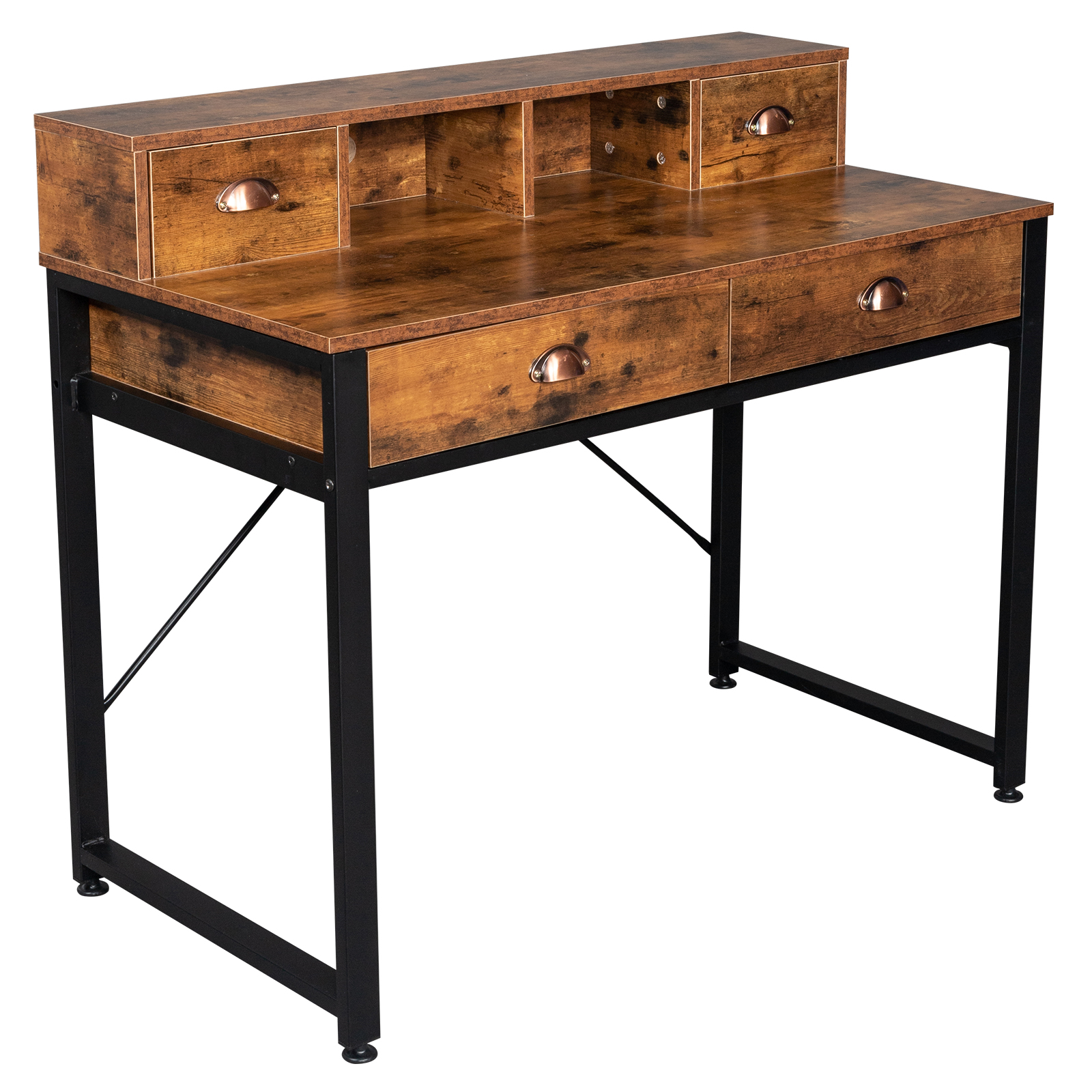 Wood Table Top Study Computer Desk, 2 Small Drawers 2 Large Drawers, Black Steel Frame Particle Board