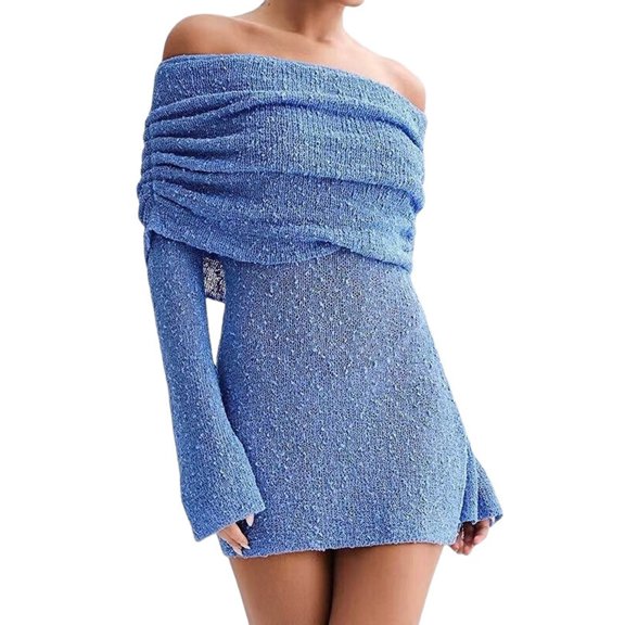 Women'S Off Shoulder Mini Skirt Bodycon Long Sleeve Crochet Out Going Mesh Elegant Sweater Dress Blue S