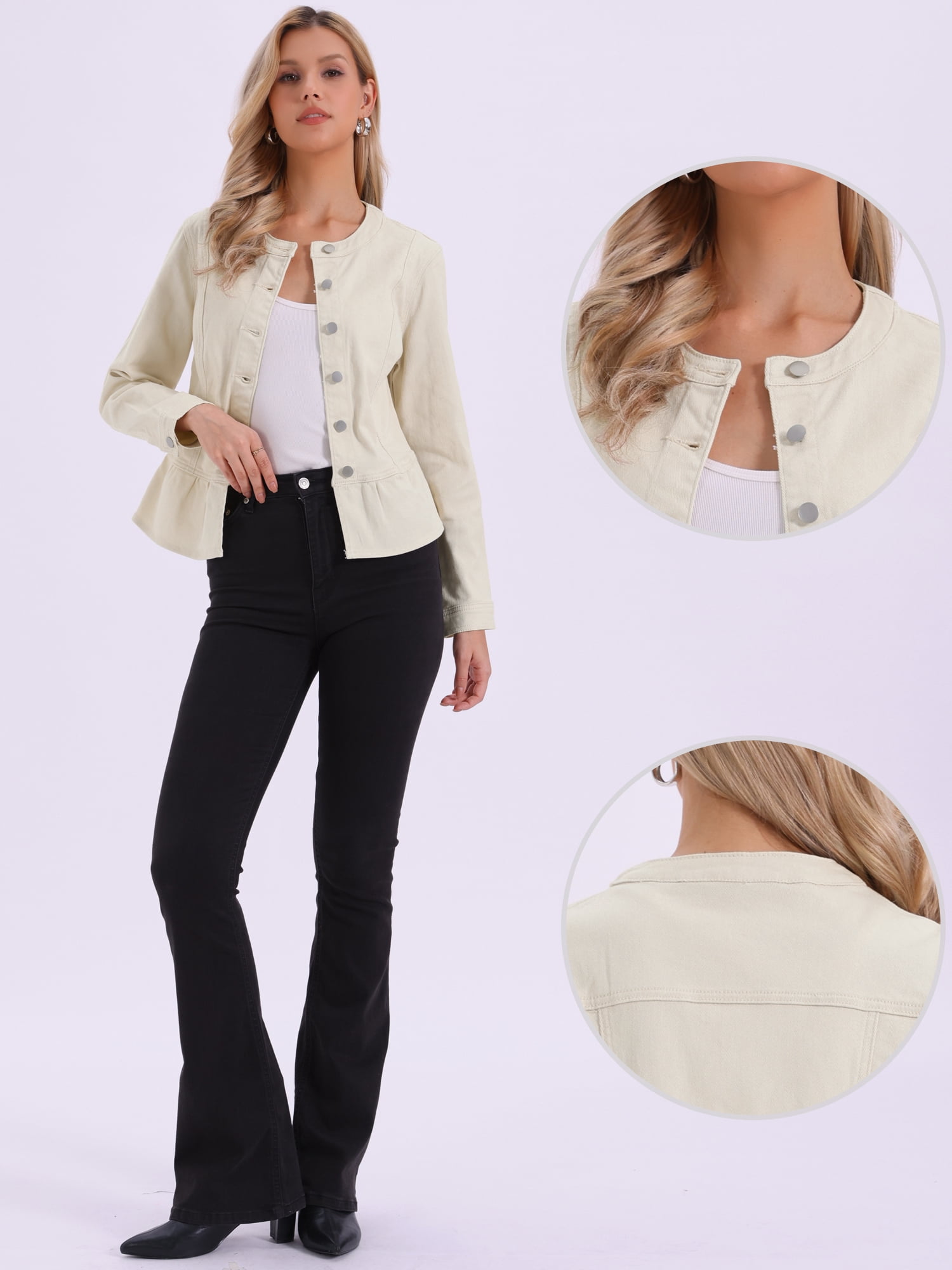 DARING DIVA Women's Peplum Hem Button Down Collarless Jean Jacket M Oyster
