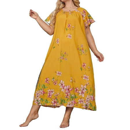 

Casual Floral Round Neck Sleepshirts Yellow Short Sleeve Plus Size Nightgowns & Sleepshirts