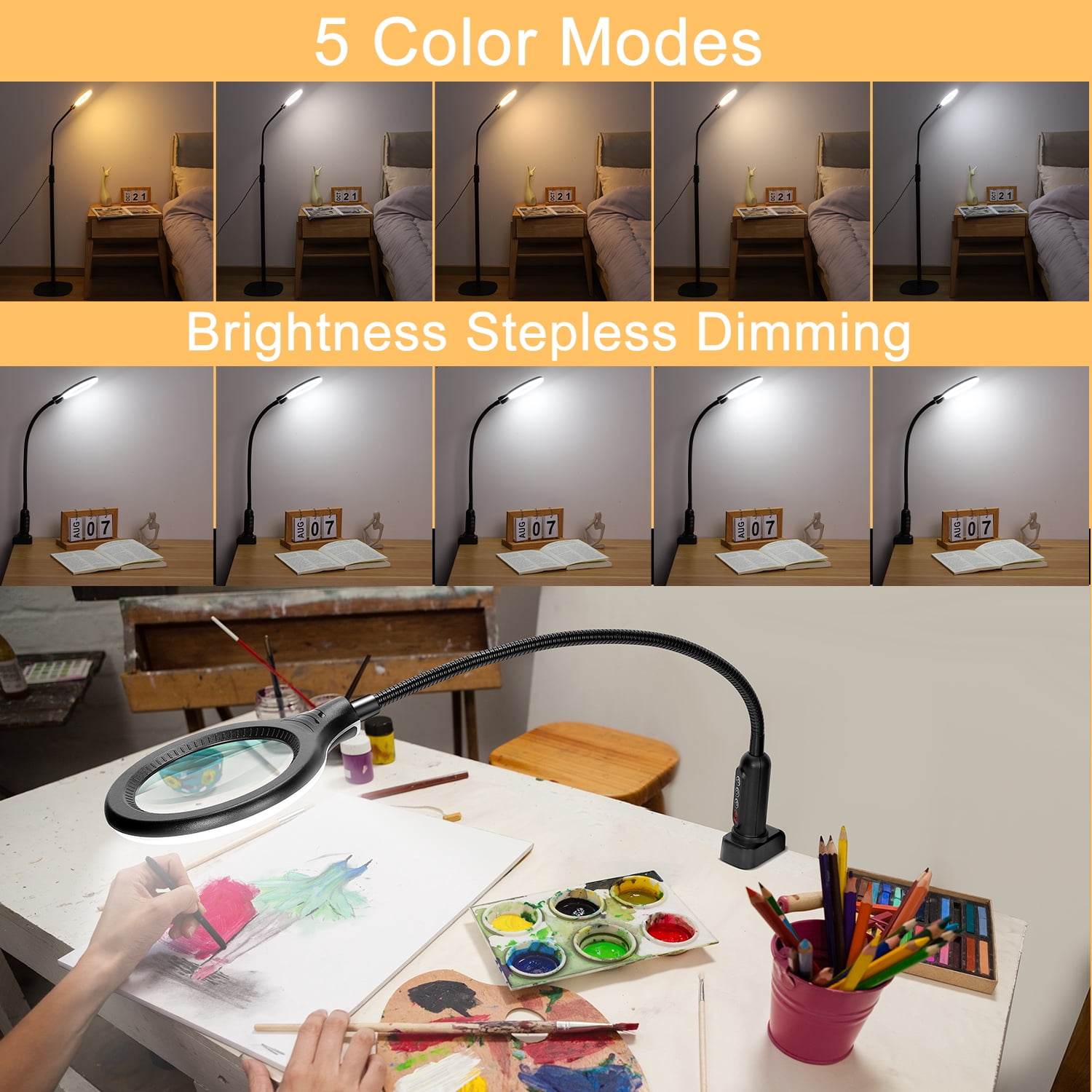 3-in-1 Magnifying Lamp with Light & Floor Stand - Real Glass Lens ,24" Flexible Gooseneck, 5-Color Stepless Dimmable LED Desk Lamp-floor/ Clamp Design, Hands-Free Magnifier for Craft & reading