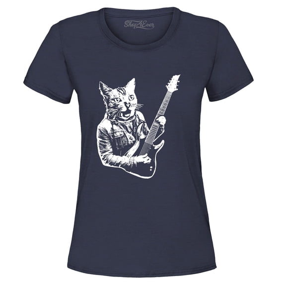 Shop4Ever Women's Rocker Kitty Cat Playing Guitar Graphic T-Shirt Large Navy
