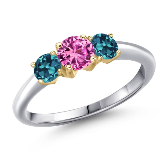 Gem Stone King 10K Two Tone Gold Pink Created Sapphire and London Blue Topaz Engagement Ring for Women | 1.21 Cttw | Round 5MM | Gemstone September Birthstone | Size 5