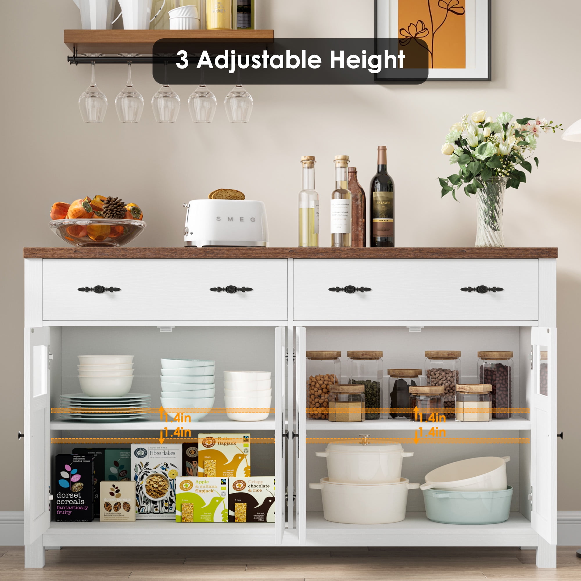 Homfa Farmhouse 55.1"W Kitchen Buffet Cabinet with Storage Drawer & Adjustable Shelf, Glass Door Wood Sideboard Credenza Coffee Bar with for Dining Room Living Room, White & Natural Wood