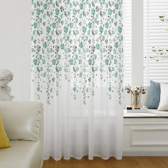 Weeping Flowers Semi Sheer Curtains Drapes for Living Room,Bedroom,French Doors Window 108 Inches Long,Teal Grey Summer Spring Floral Botanical Art Rod Pocket Chiffon Curtain Drapery Voile Panel