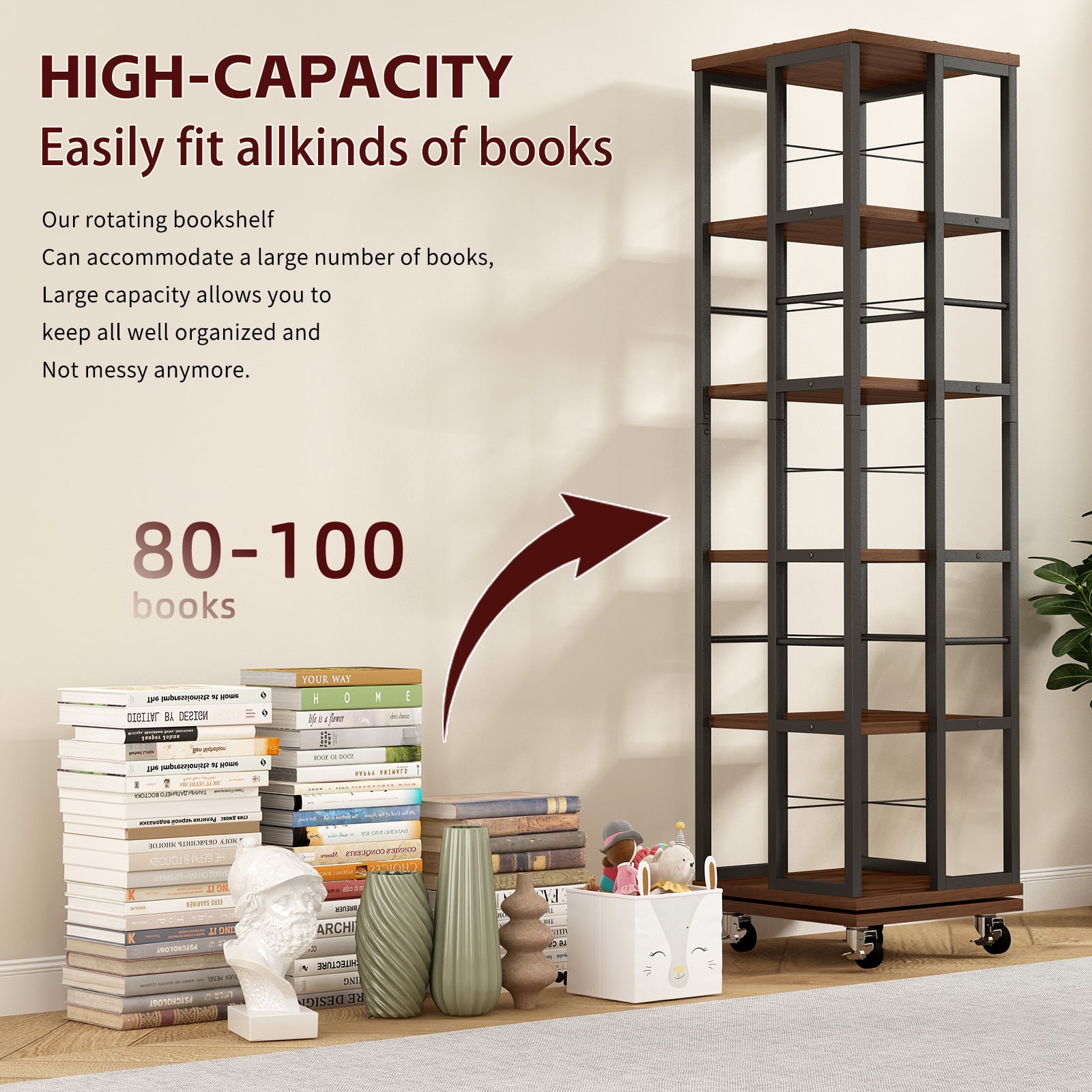Display Shelves 5 Tiers Rotating Bookshelf, Corner Bookcase, 360 Display Wood Spinning Bookshelves, Floor Standing Bookcase Narrow Shelf, Rustic Brown,Wooden Display Shelves