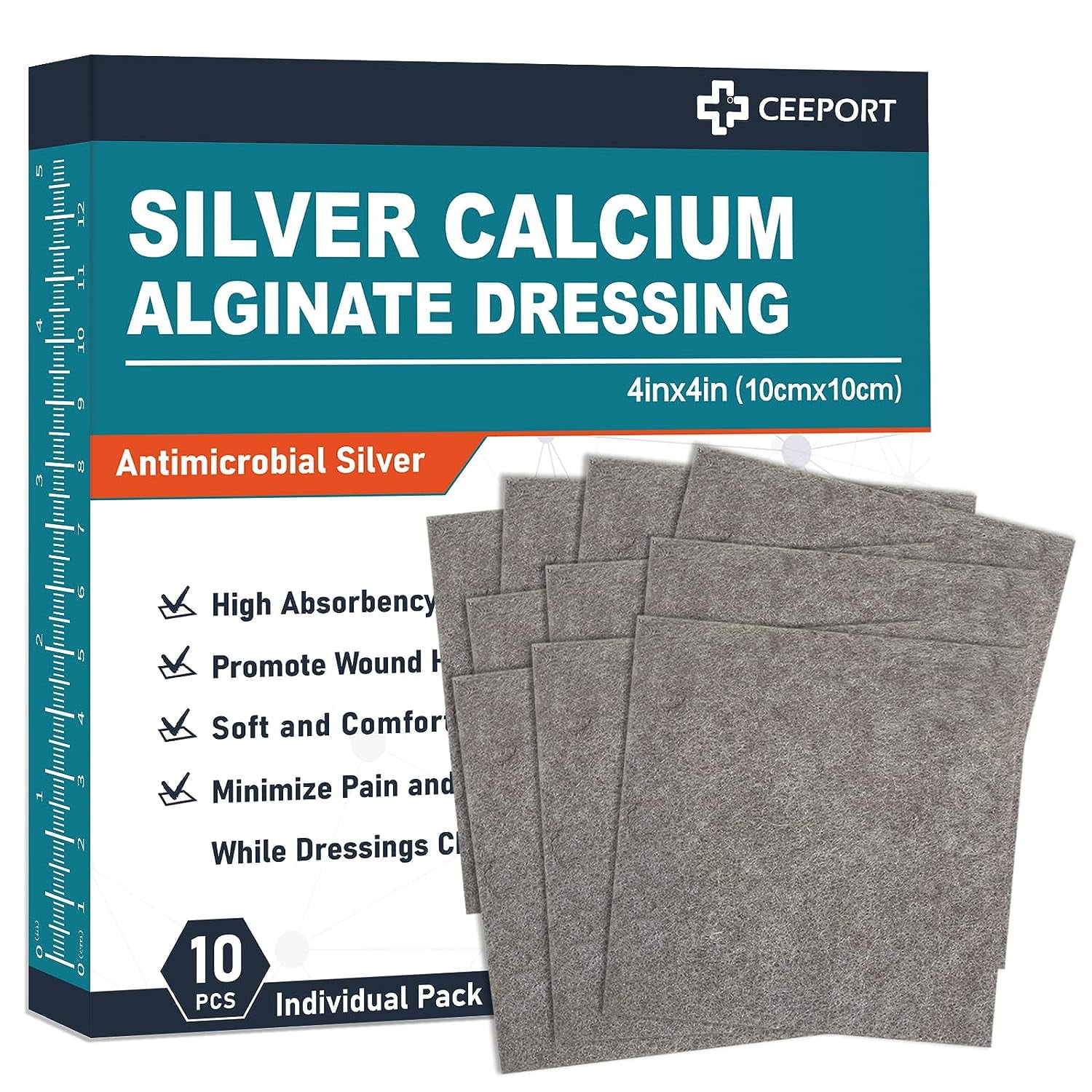 Ceeport Ag Silver Calcium Alginate Wound Dressing Pads, 4''x4'' Patches, 10 Individual Pack, Soft Silver Dressings for Wound Care, Gentle Highly Absorbent Dressing