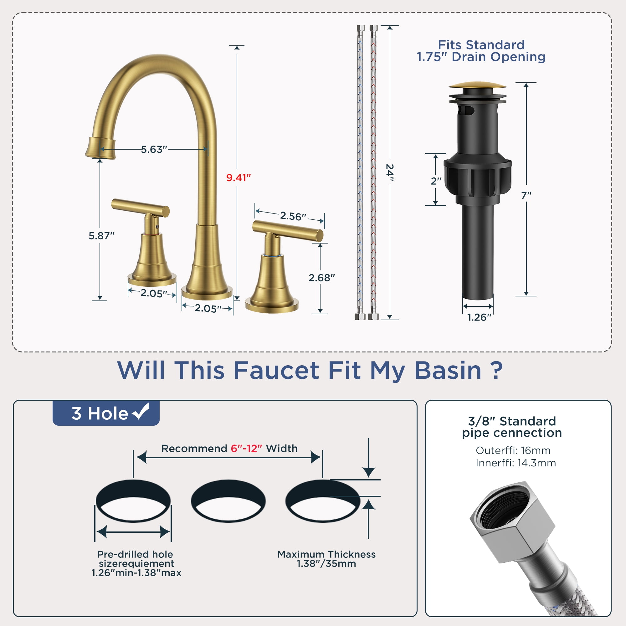 TVOFEK 8 inch Widespread Bathroom Sink Faucet 3 Hole with Pop up Drain and cUPC Hose, 2 Handle Brushed Gold Vanity Faucet with 360° Spout for Restroom, RV, Bar