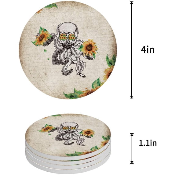 FMSHPON Octopus Sunflowers Set of 4 Round Coaster for Drinks, Absorbent Ceramic Stone Coasters Cup Mat with Cork Base for Home Kitchen Room Coffee Table Bar Decor
