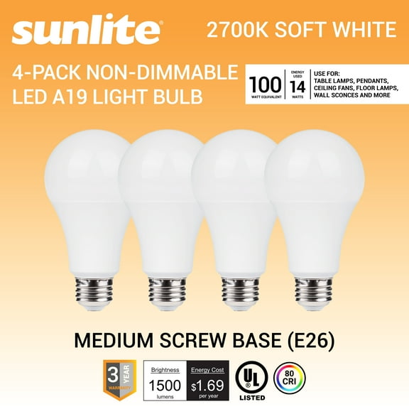 Sunlite 41913 LED A19 Light Bulbs, 14 Watts (100W Equivalent), 1500 Lumens, Medium Base (E26), Non-Dimmable, UL Listed, 2700K - Soft White, 12 Pack