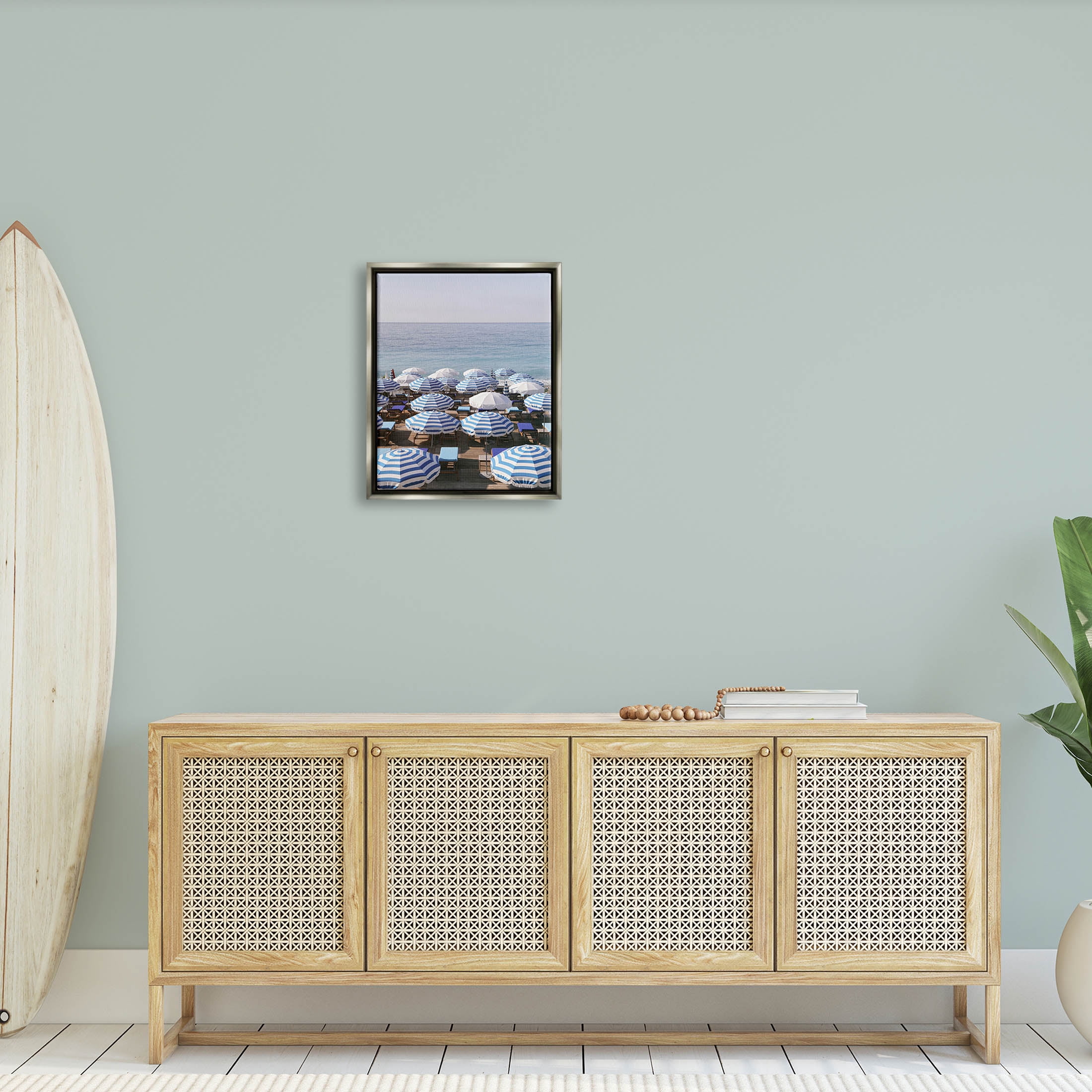 Beach Umbrellas Clear Summer Sky Coastal Photograph Luster Gray Framed Art Print Wall Art