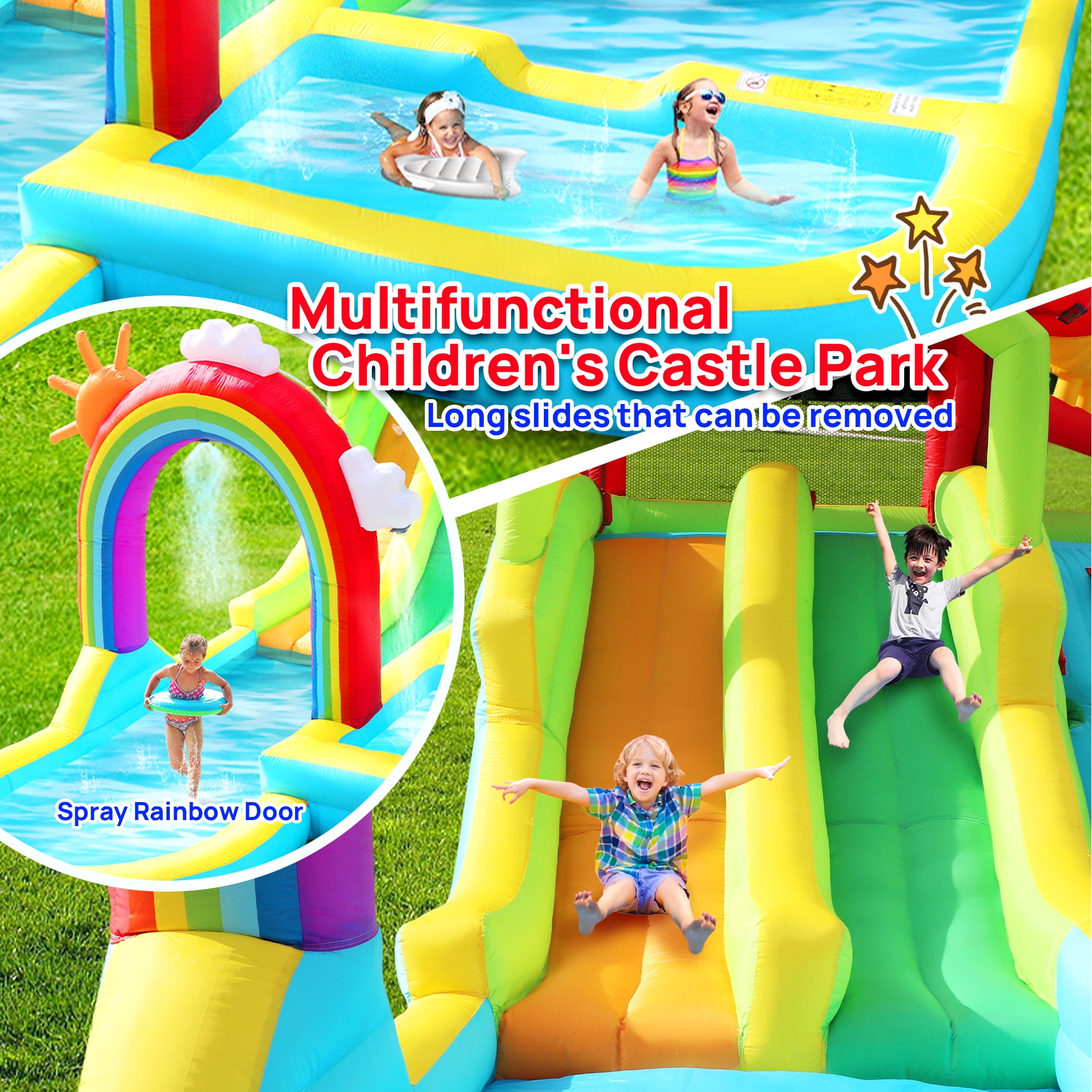 WELLFUNTIME Inflatable Water Slide Park for Kids, Bounce House with Blower, Rainbow Water Curtain, Splash Pool for Backyard