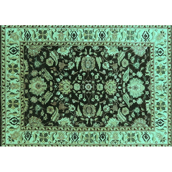 Ahgly Company Machine Washable Indoor Rectangle Oriental Turquoise Blue Industrial Area Rugs, 5' x 8'