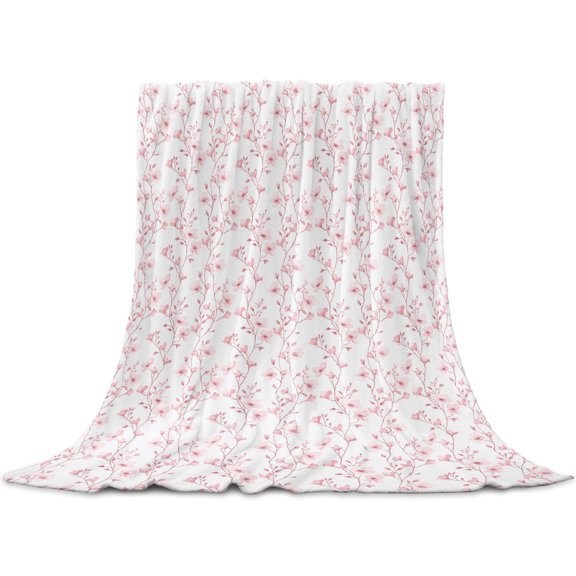 Pink Spring Floral Throw Blanket for Couch,Soft Lightweight Flannel Fleece Blanket,Elegant Watercolor Summer Botanical Microfiber Plush All Season Decorative Blankets for Sofa Bed Office 40"x60"