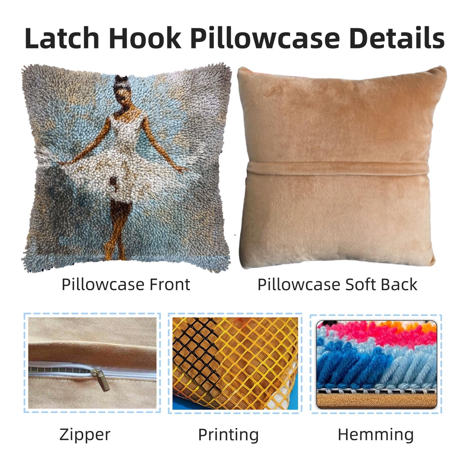 White Dress Ballerina Woman Dancing DIY Latch Hook Pillow Kits for Adults Printed Pillowcase Crochet Yarns Hooking Handmade Pillow Cover Cushion for Home Sofa Decoration 17x17inch(2)