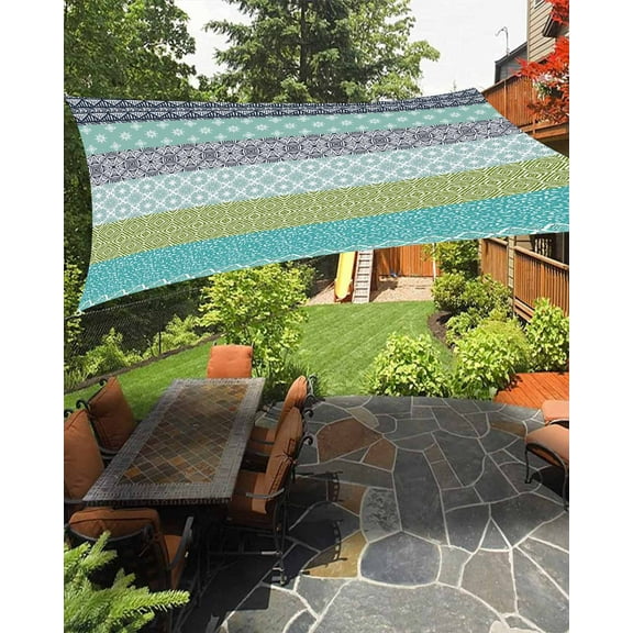Sun Shade Sail 12x16Ft Boho Blue and Green Striped Geometric Ethnic Style Uv Block Sunshade Canopy Outdoor Shade Cover Rectangle Shade Cloth For Patio Garden Yard Deck Pergola