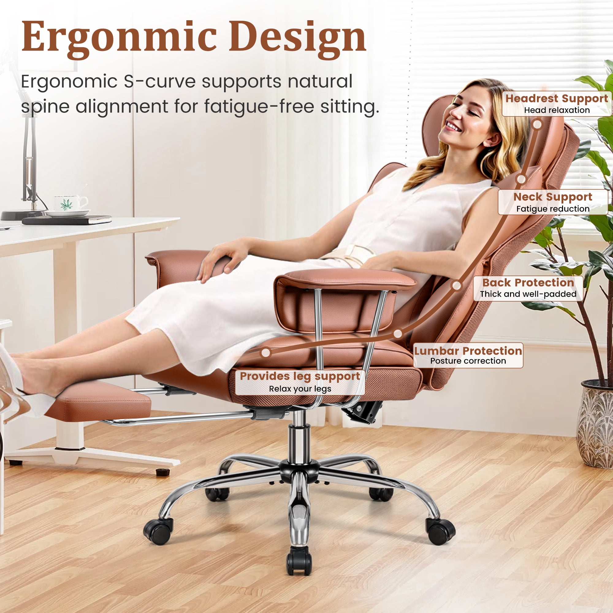 COOLHUT Big and Tall Office Chair 500LBS Wide Seat Ergonomic Computer Desk Chair, PU Leather Executive Office Chair with Footrest, Adjustable Task Chair Lumbar Back Support 8 Hour, Brown
