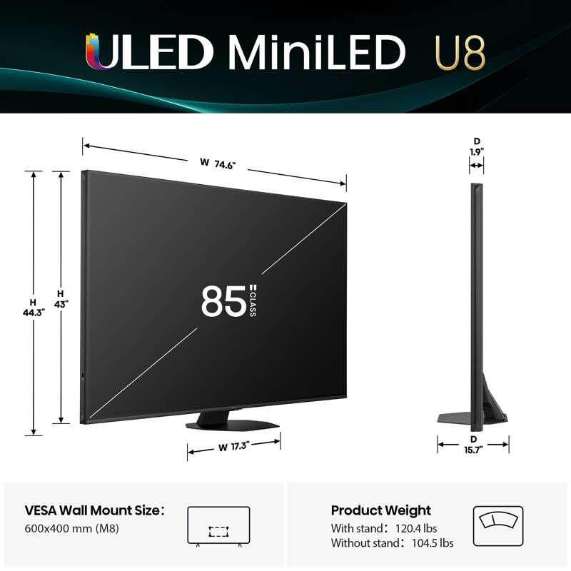 Hisense 85" Class U8 Series Mini-LED ULED 4K UHD Google Smart TV (85U8QG, 2025 Model) - QLED, Native 165Hz, Game Mode Ultra 288 VRR, Dolby Vision IQ, Dolby Atmos, Up to 5000 Nits, IMAX Enhanced front and back view