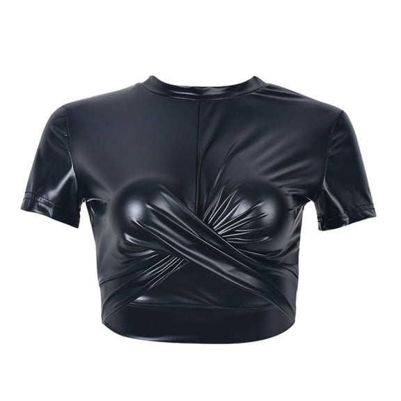 Yokua Women Summer Short Sleeve Tee Top Y2k Crop Top Crewnecks Women Pu Crop Top