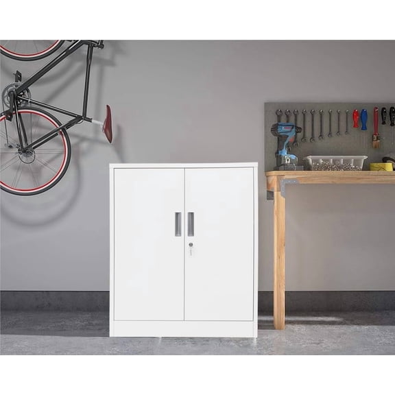 BESFUR Metal Storage Cabinets, Steel Locking Cabinet with Shelves and Doors for Home Office, School, Garage, Utility Room and Basement, 36.2" H x 31.5" W x 15.7" D (White)