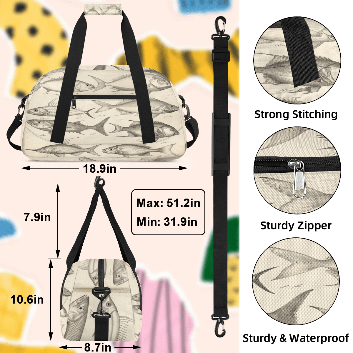 Herdesigns Sports Duffle Bags Travel Duffle Bag Gym Bag Vintage Fish Printed Weekender Travel Bag Waterproof Overnight Bag Carry On Travel Tote Bag Dance Bags