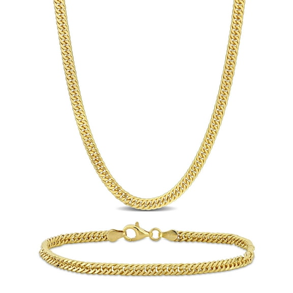Everly Women's Yellow Silver 4mm Double Curb Link Chain Necklace and Bracelet Set - 18 in 7.5 in