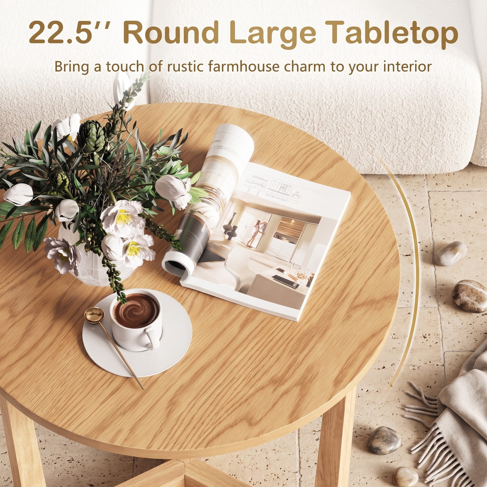 Furnibear 22.5 Inch Round Side Table, Farmhouse End Table with Sturdy Rubber Wood Legs and Triangular Base, Wooden Accent Nightstand Sofa Table for Living, Natural