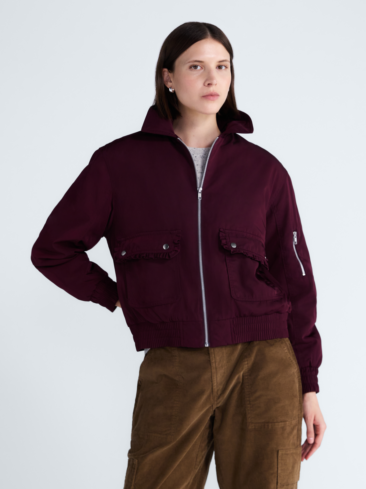 Free Assembly Women's Ruffle Collar Bomber Jacket photo 6