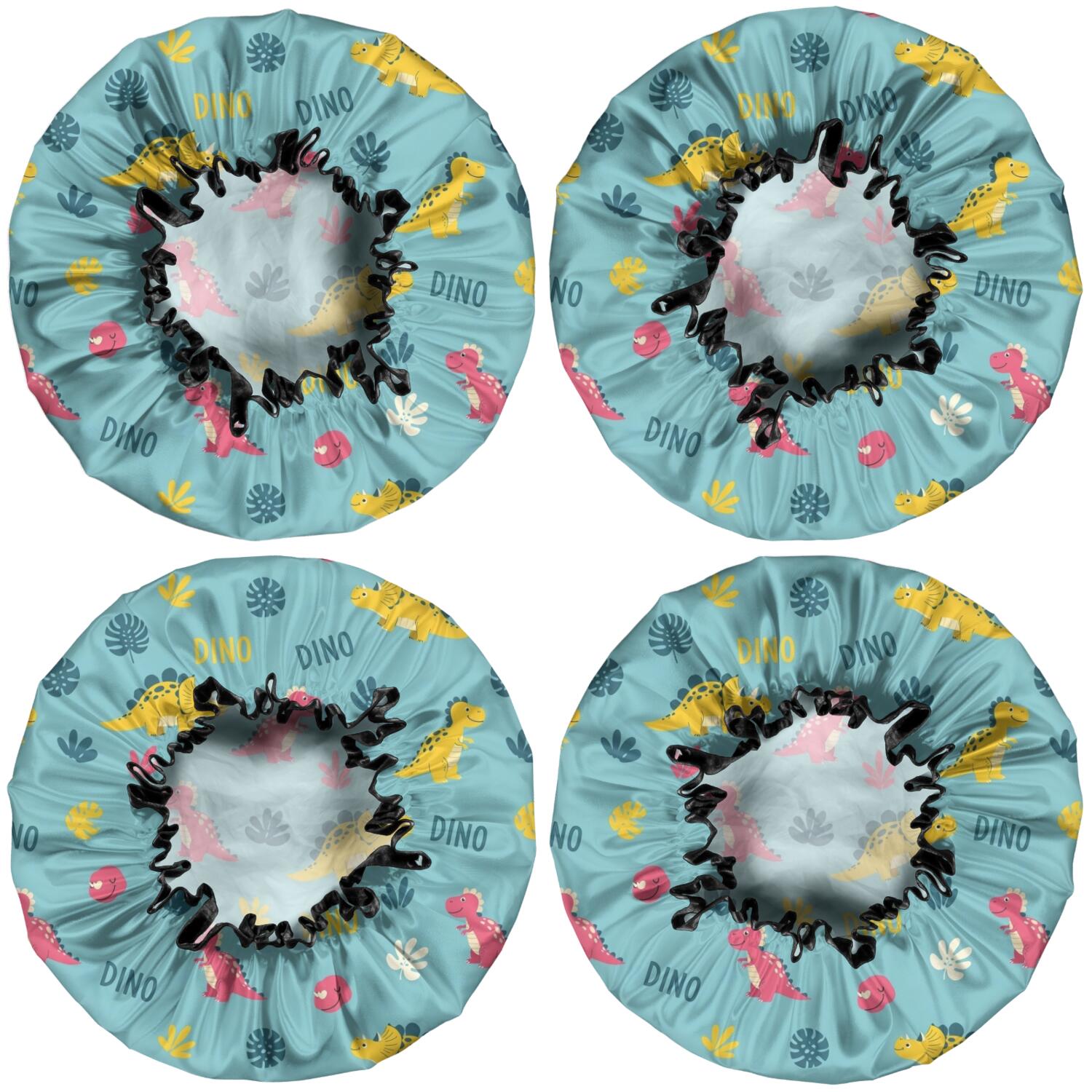 Shower Caps,Light Blue Dinosaurs Text Pattern Waterproof Shower Cap for Women 4 Pieces,Double Reusable Hair Cover for Shower PEVA Elastic Stretch Hem