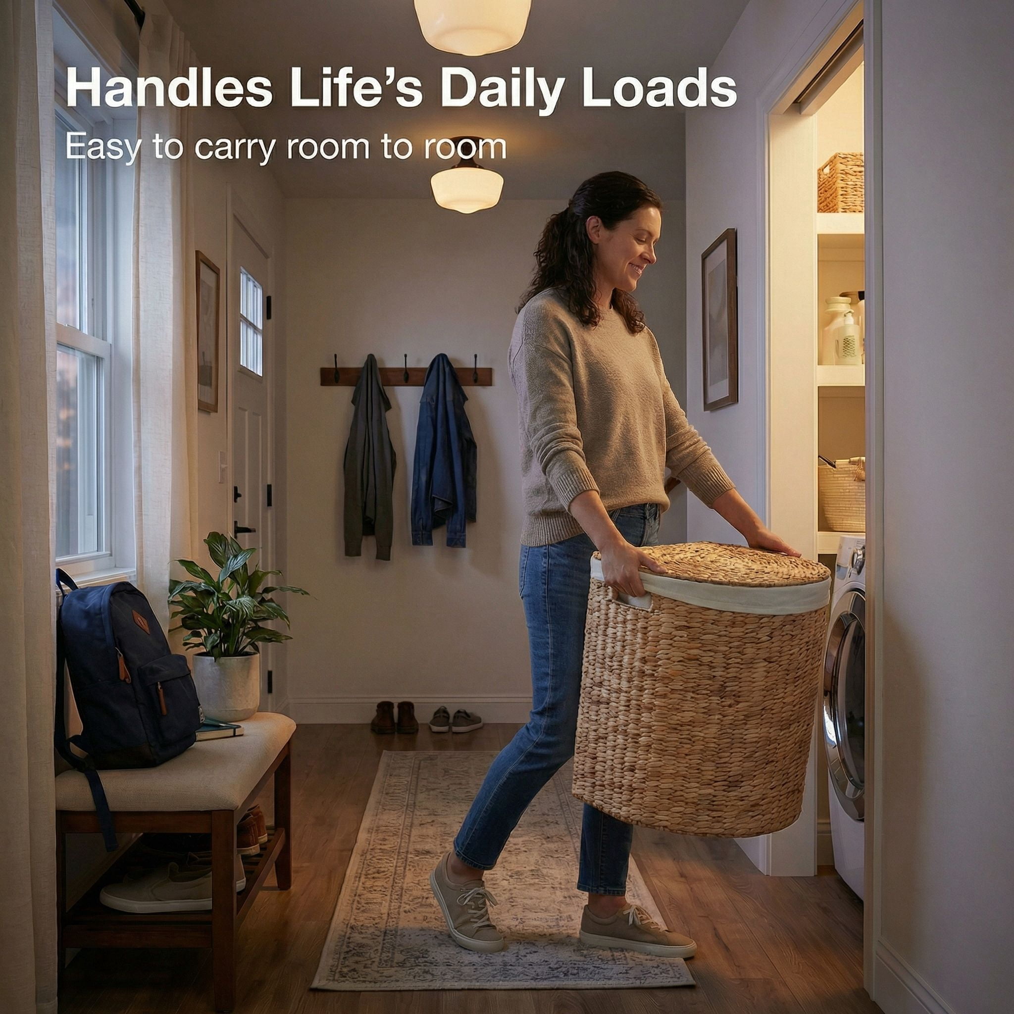DEILSY Natural Half Moon Water Hyacinth Wicker Laundry Basket with Removable Liner and Lid,  Handwoven Wicker Hamper with Handles for Bathroom, Bedroom, or Laundry Room