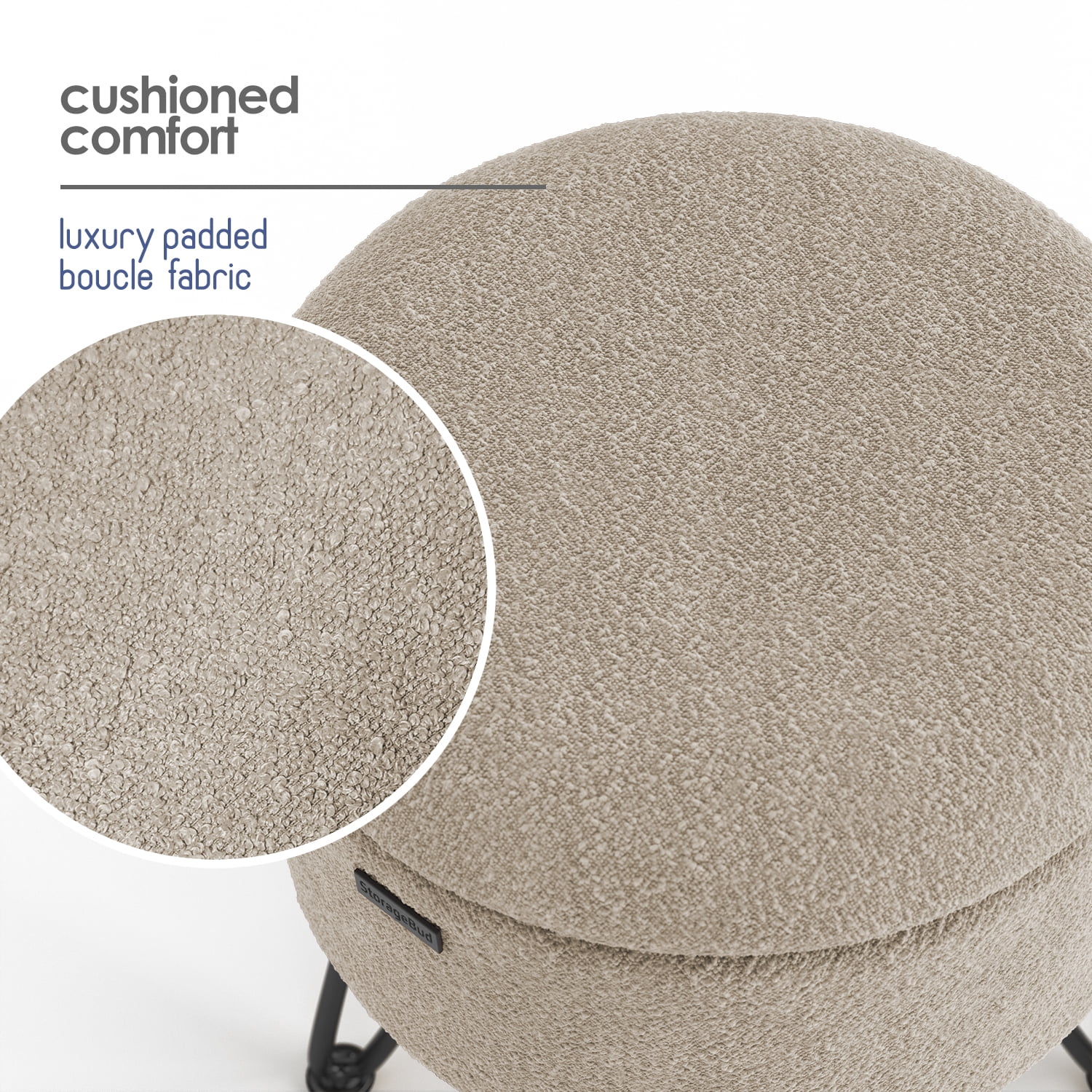 Hearth & Harbor Round Ottoman with Storage, Luxurious Foot Stool and Chic Vanity Stool with Storage, Elegant Boucle Beige
