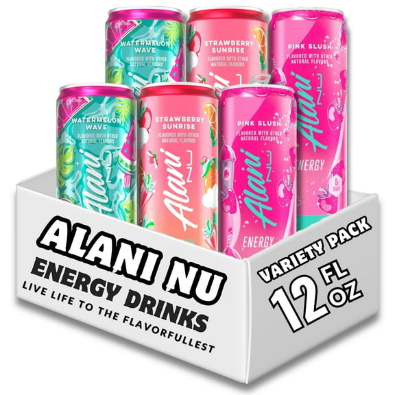 New Alani Nu Energy Drink Trio Variety Pack 12 fl oz - Strawberry Sunrise, Watermelon Wave, Pink Slush