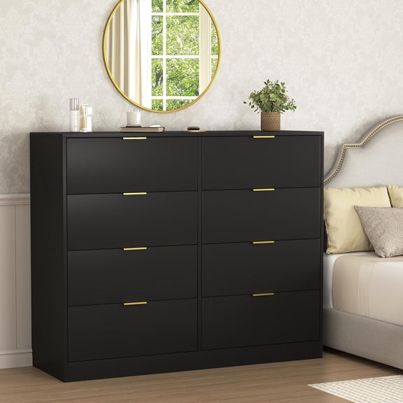 Black Dresser for Bedroom, Wood Dresser with 8 Drawers, Chest of Drawer for Bedroom Living Room Entryway Hallway, Modern Farmhouse Style