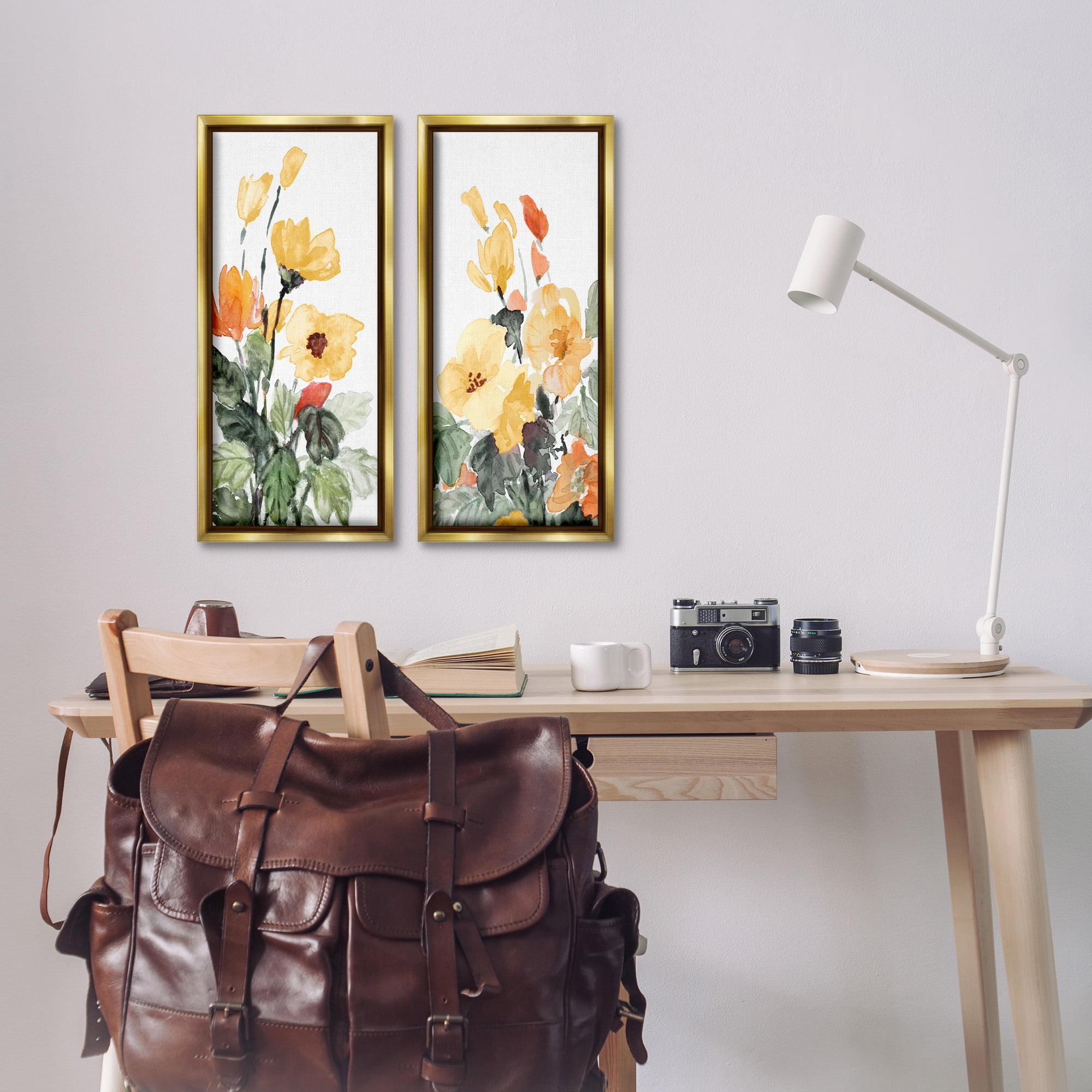 Stupell Industries Yellow Spring Flowers Botanical & Floral Painting Gold Floater Framed Canvas Art Print Wall Art, 11 x 25, Set of 2